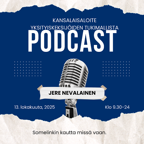 Kuvituskuva Jeren podcastiin. Kuvana mikrofoni sinisellä taustalla.