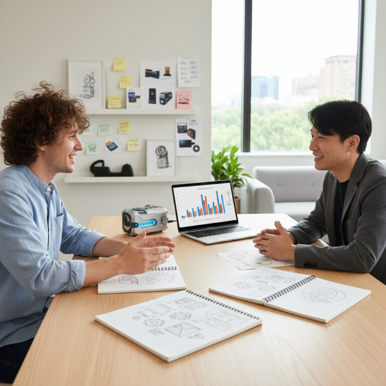 Kaksi nuorta miestä istuvat pöydän ääressä vastakkain. Toinen on aasialainen ja toinen eurooppalainen. Pöydällä on tietokone, jonka ruudulla on graafi ja pöydällä on kirjoituslehtiöitä täynnä muistiinpanoja.